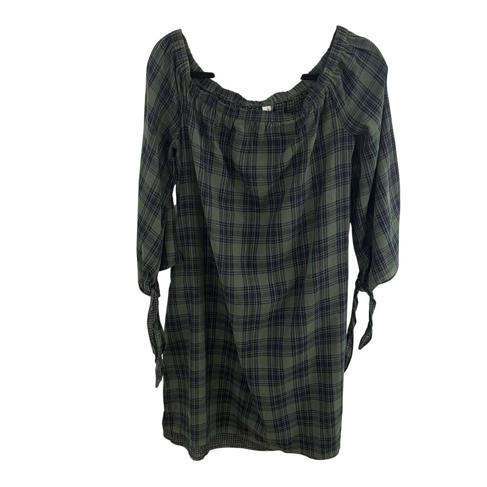 L Love Short Dress Womens Size Large Green Plaid Peasant Off Shoulder Boho Tunic